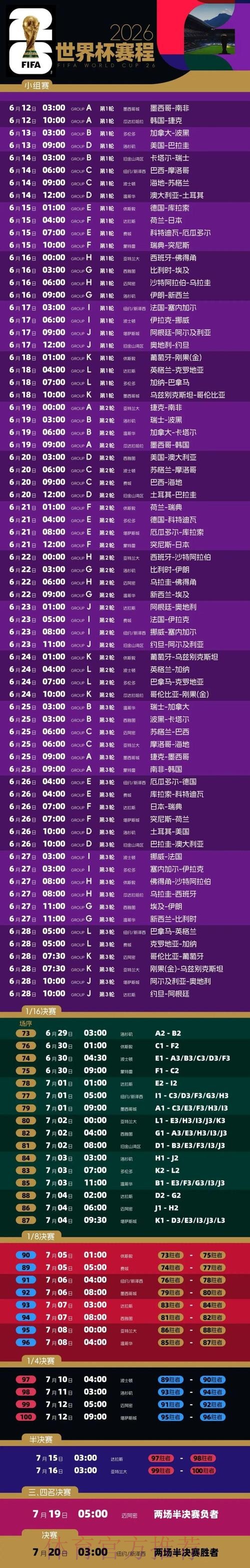 2026世界杯比赛时间及赛程查询详情 2026世界杯比赛时间及赛程查询详情